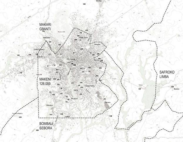 Divisiones administrativas en Makeni (ciudad y chiefdoms).