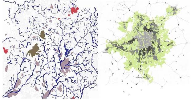 Territorio de Makeni. Áreas vulnerables (izquierda) y Futuros crecimientos
urbanos (derecha).