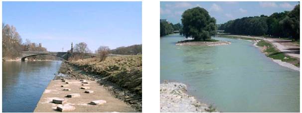 Río Isar
(Munich). Antes y después de la restauración.