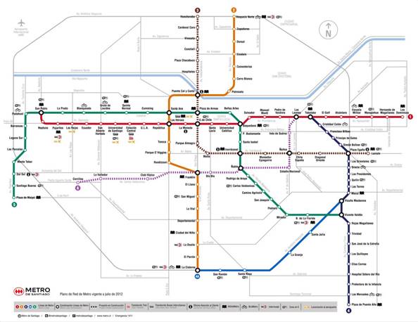 Mapa de las líneas de metro de Santiago de Chile.