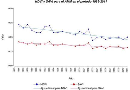 Distribución de los valores medios NDVI y SAVI para el período 1986-2011 en AMM.