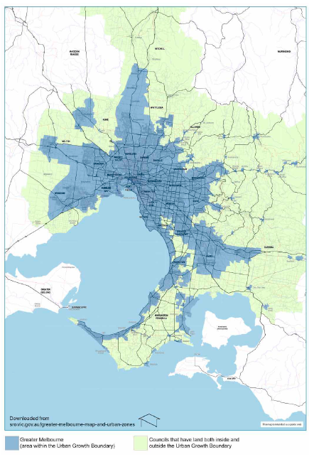 Footprint of Greater Melbourne and surrounding forest and grassland areas.