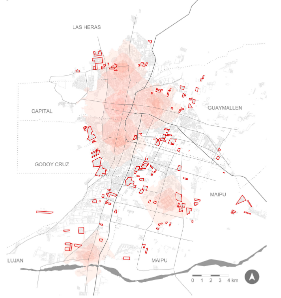 Relevamiento de las 123 unidades morfológicas del AMM (se han representado las áreas de influencia con un radio de 800m, 1.600m y 3.000m de los seis centros municipales).