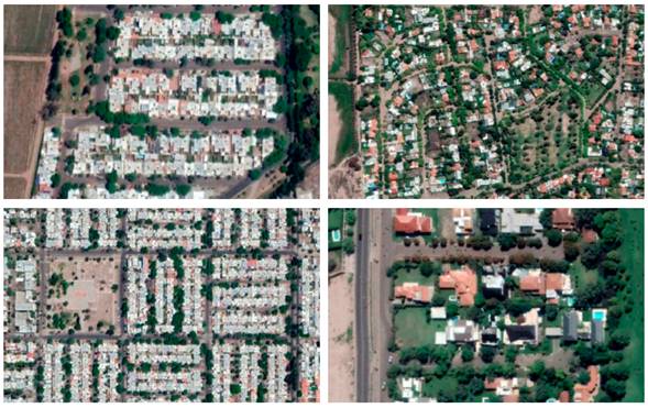 Types of urban fabrics detected in the AMM. Clockwise, rectangular, irregular, cul-de-sac and uninterrupted parallel.