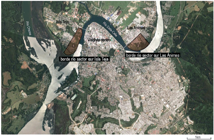 Ubicación del borde río del sector sur de Las Ánimas y de la Isla Teja en Valdivia