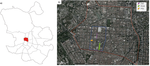 Location of Madrid and the studied sites: a) Madrid; b) Chamberi district, Arapiles neighborhood and the chosen public spaces.