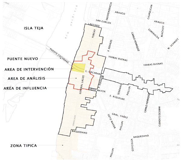 A map of the case study bridge indicating the TZ direct intervention area (in red) and the proposed area of influence (in black).
