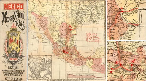 Guía ferroviaria Estados Unidos - México (1897): Inicio de trayecto en Laredo (A), bifurcación en Acámbaro (B), final de trayecto (B¹) Pátzcuaro y Ciudad de México (B²).