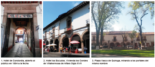 Imagen urbana de la Zona de Monumentos Históricos (ZMH) de Pátzcuaro: hotel fundado en 1884 (1), rehabilitación de inmueble del Siglo XVII (2) y rehabilitación del espacio público (3).