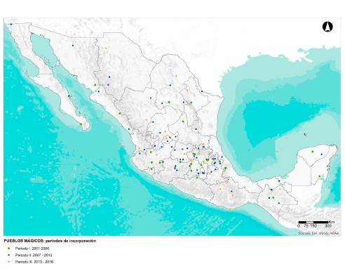Distribution and location of the 121 towns incorporated in the Pueblos Mágicos program, during the 2001-2018 period.
