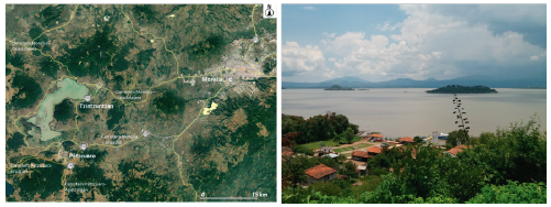 I. Location of the town of Pátzcuaro in respect to the city of Morelia. II. Pátzcuaro Lake seen from the jetty of Ucazanastacua.