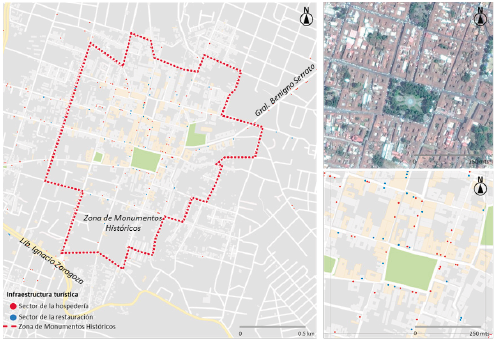 Distribution and location of the accommodation and restaurant infrastructure in Pátzcuaro PM, 2017.