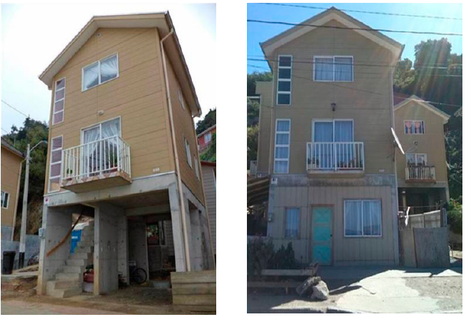 Photographs taken onsite of the “stilt”-type homes at Tumbes Cove. The original model is seen on the left and the adaptation made by the users, on the right.