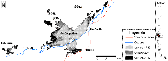 Área de estudio y crecimiento urbano entre 1985 y 2017.