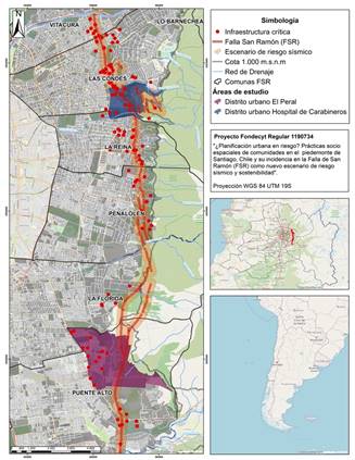 San Ramón Fault and the urban districts under study.