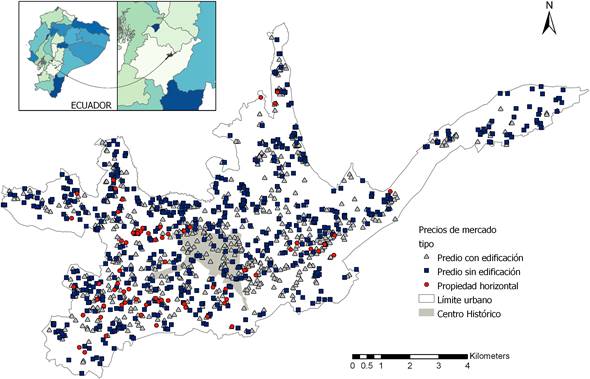 Ubicación geográfica y distribución espacial de los valores recolectados en función del tipo de predio: sin edificación, con edificación y propiedad horizontal.