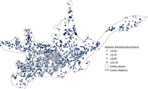 Distribución espacial de la relación de la ganancia esperada de los predios con respecto al capital incorporado en la infraestructura.