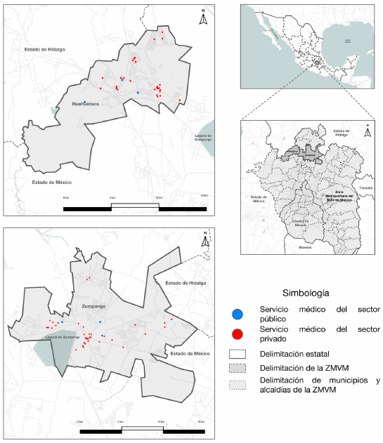 Distribución de servicios de salud públicos y privados en los municipios de Huehuetoca y Zumpango.