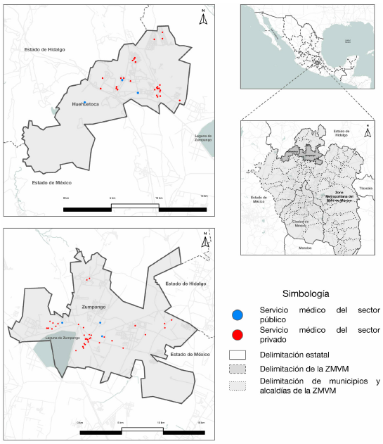 Distribution of public and private health services in the municipalities of Huehuetoca and Zumpango.