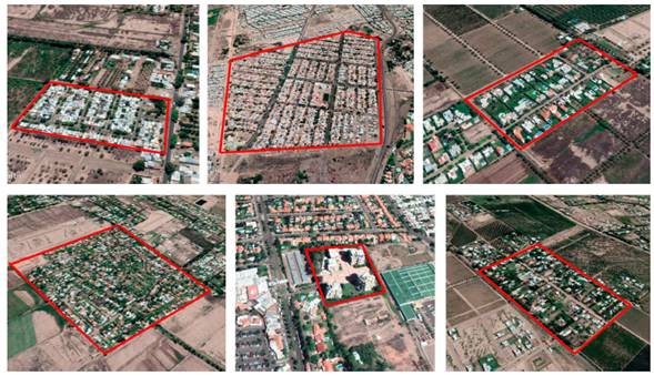 Ejemplos de los seis modelos morfológicos propuestos. De izquierda a derecha y de arriba abajo: unidad local (RU6), gran unidad (PS11), barrio cerrado (CI4), barrio semi-cerrado (VS2), barrio privado vertical (GB2) y unidad campestre (LU1).