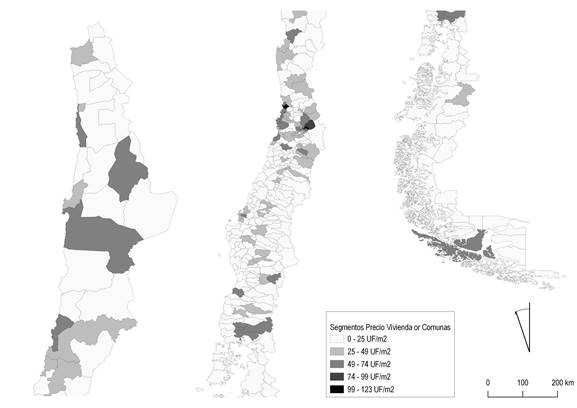 Valor de la vivienda nueva para comunas de Chile catastradas en UF/m2.