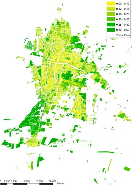 Valores NDVI en las manzanas urbanas del AMM para la estación de invierno, julio de 2014.