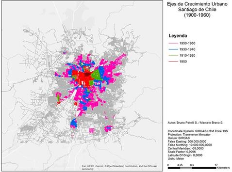 Ejes de crecimiento urbano en la ciudad de Santiago de Chile en rangos que van desde 1900 (rojo), 1910-1920 (azul), 1930- 1940 (verde) y 1950-1960 (magenta).