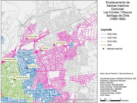 Los extremos de Avenida Alonso de Córdoba, entre 1950-1965, registran los letreros de neón correspondientes a una botillería (1963), mientras al otro extremo, la avenida cierra con el neón correspondiente al Cine Las Condes.