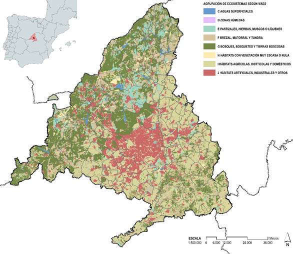 Identificación de la Comunidad de Madrid dentro de España y sus principales ecosistemas.